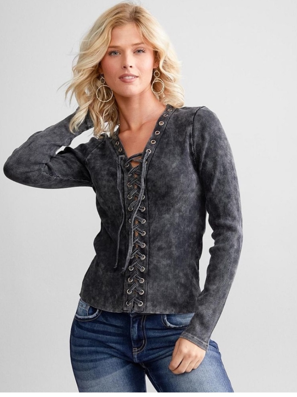 Gilded Intent Black Wash Distressed Laced Up Ribbed Long Sleeve Top Large